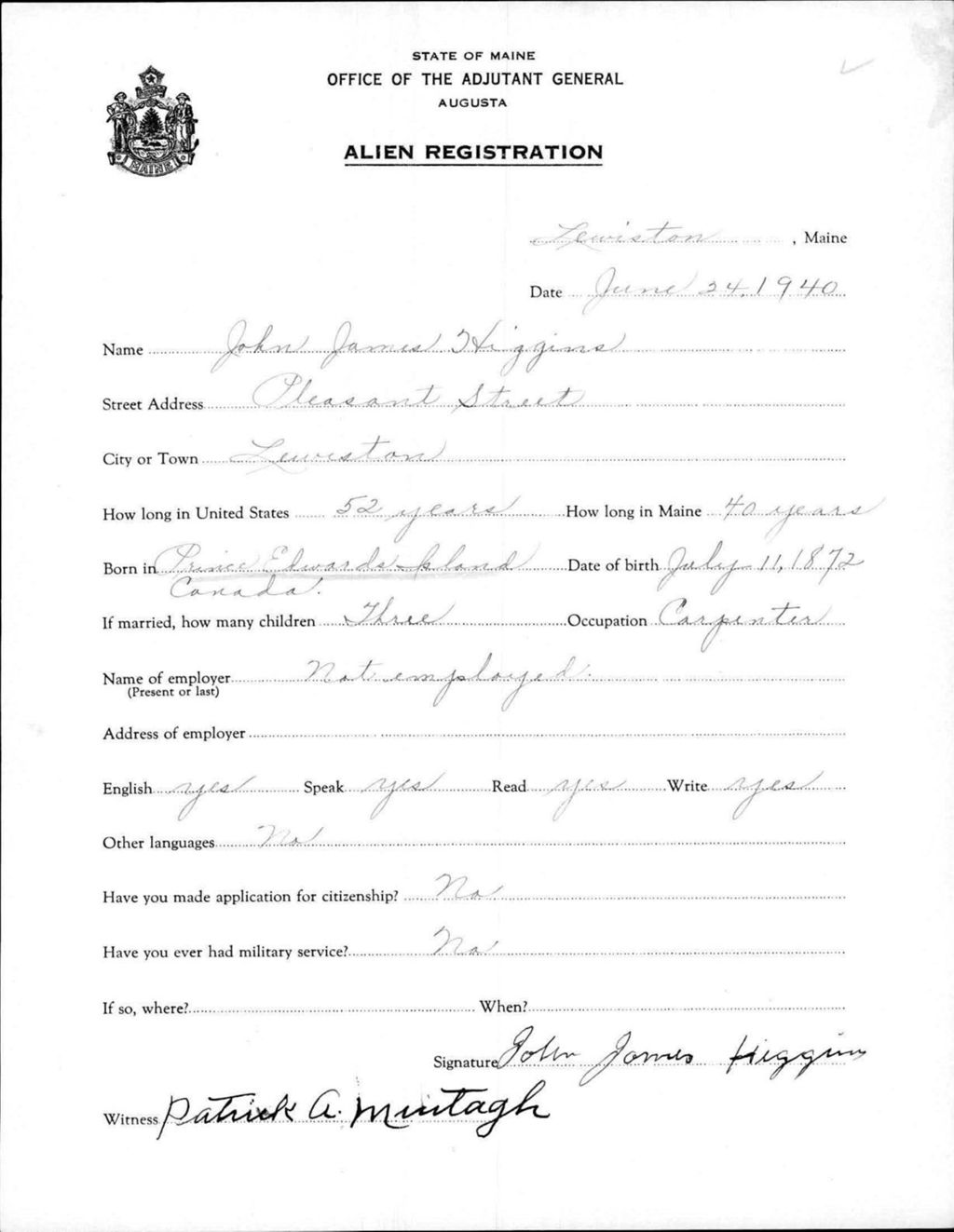Miniature of Alien Registration- Higgins, John J. (Lewiston, Androscoggin County)