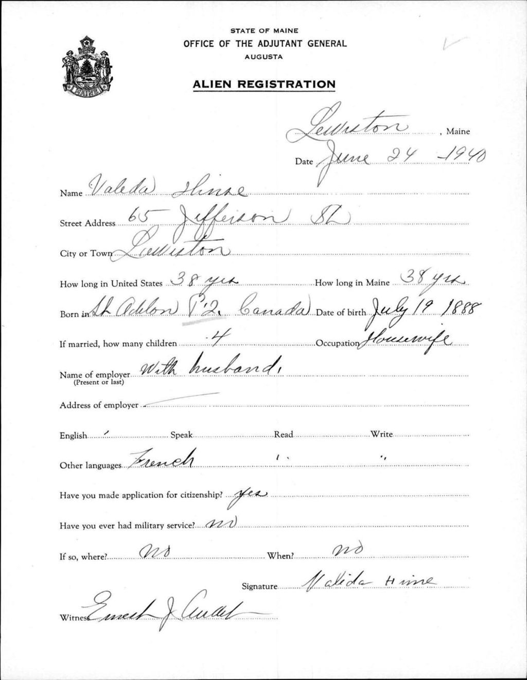 Miniature of Alien Registration- Hinse, Valeda (Lewiston, Androscoggin County)