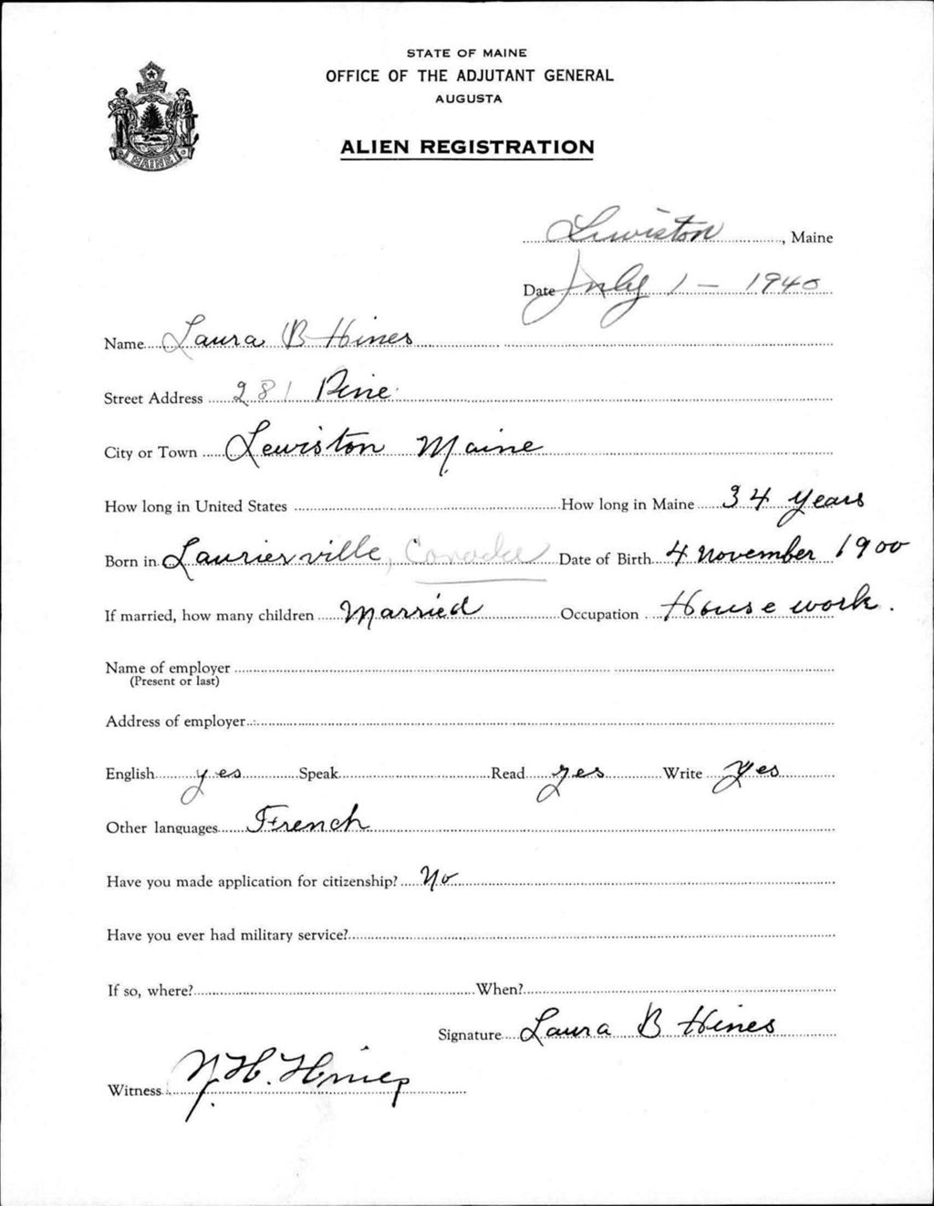 Miniature of Alien Registration- Hines, Laura B. (Lewiston, Androscoggin County)