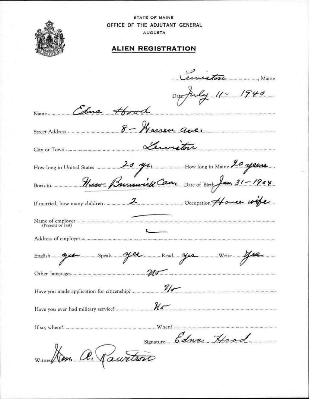Miniature of Alien Registration- Hood, Edna (Lewiston, Androscoggin County)