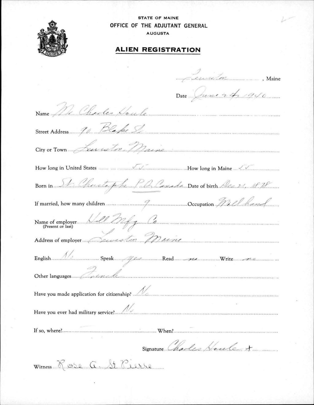 Miniature of Alien Registration- Houle, Charles (Lewiston, Androscoggin County)