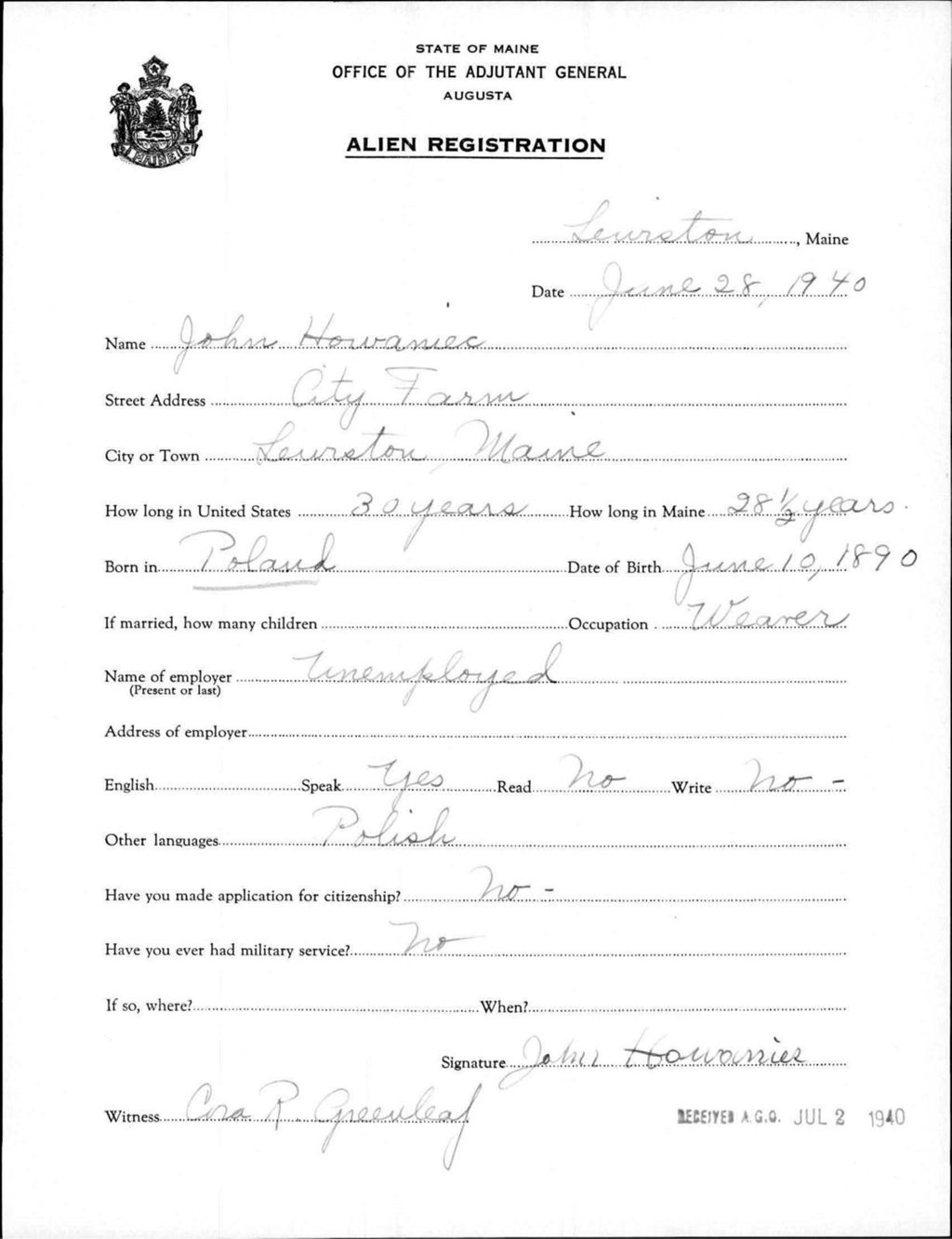 Miniature of Alien Registration- Howaniec, John (Lewiston, Androscoggin County)