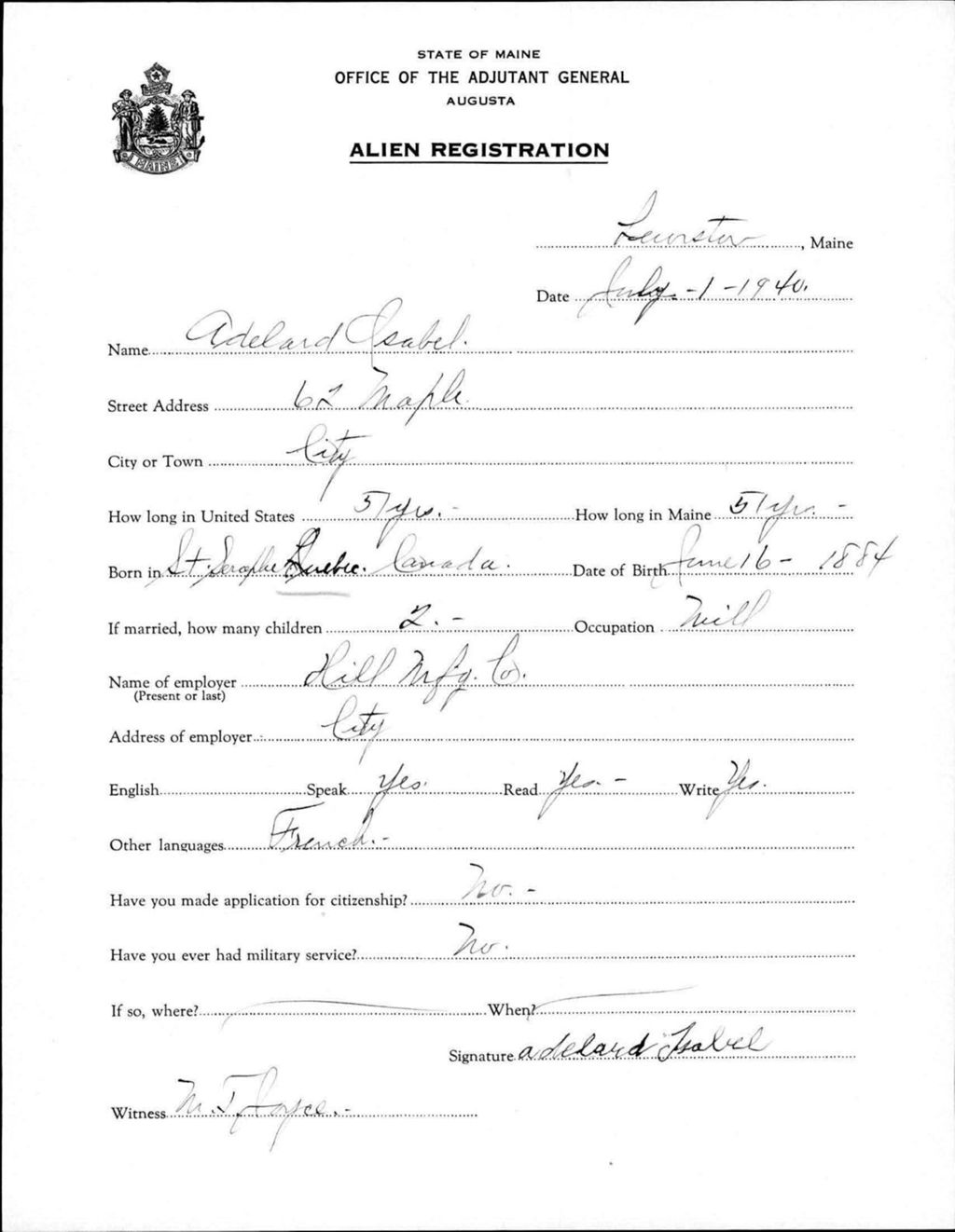 Miniature of Alien Registration- Isabell, Adelard (Lewiston, Androscoggin County)