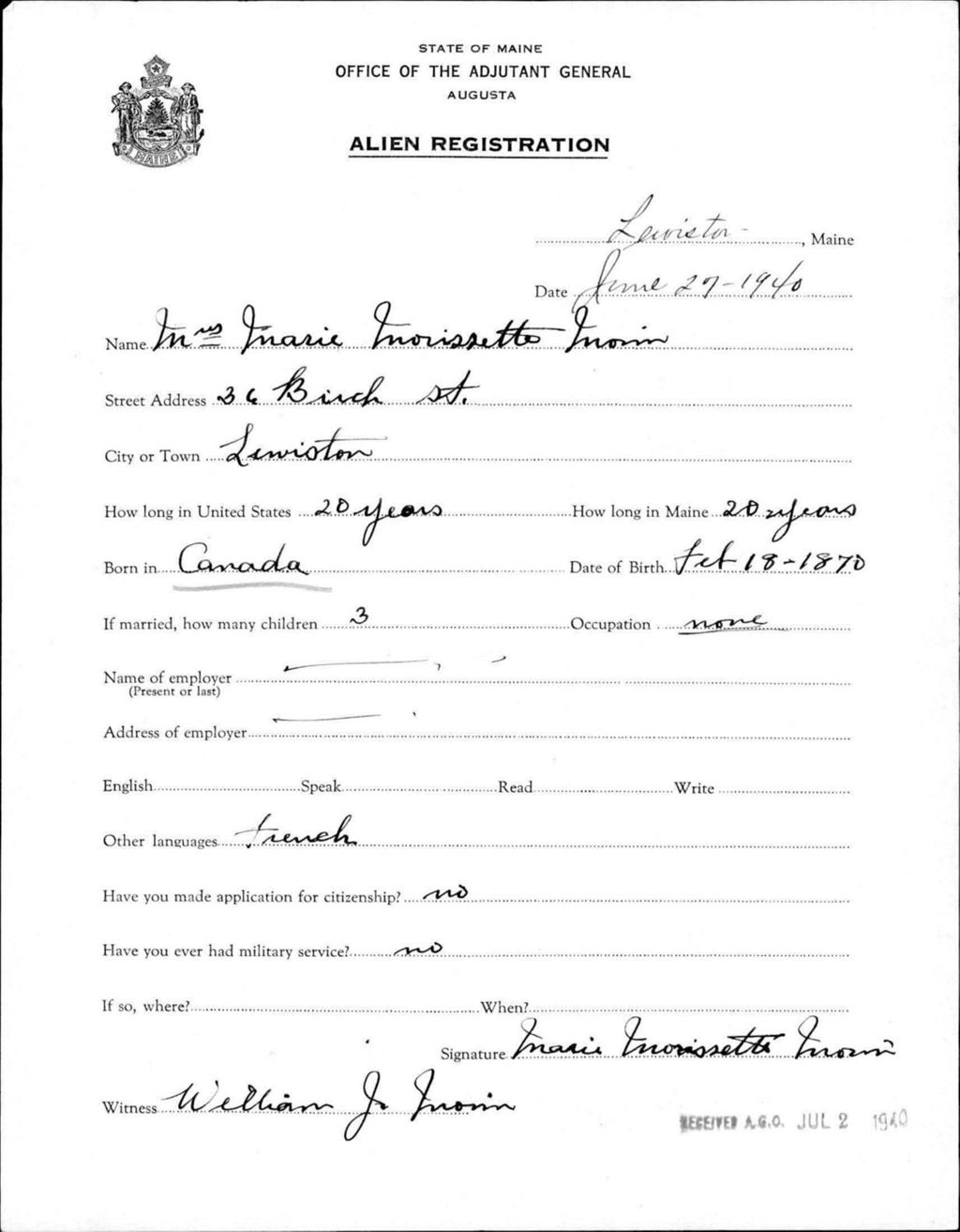 Miniature of Alien Registration- Morrissette, Marie (Lewiston, Androscoggin County)