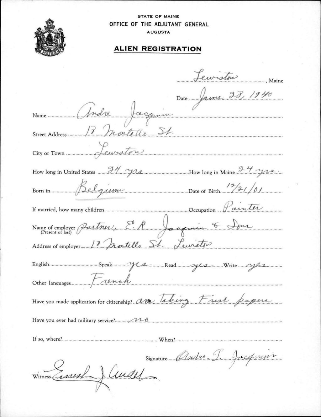Miniature of Alien Registration- Jacquin, Andre (Lewiston, Androscoggin County)