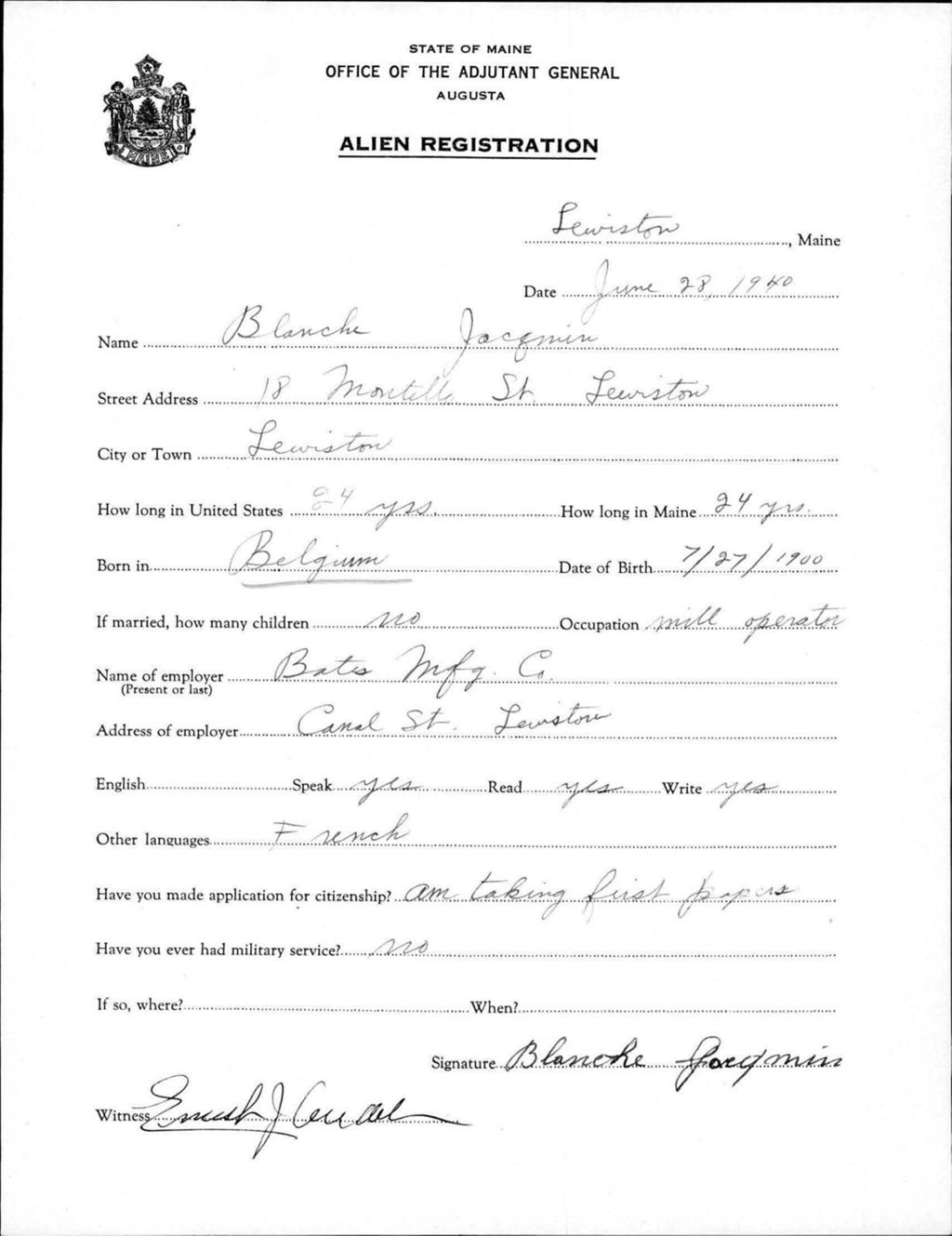 Miniature of Alien Registration- Jacquin, Blanche (Lewiston, Androscoggin County)