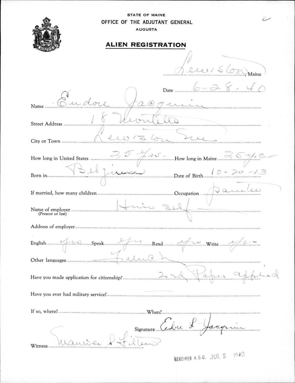 Miniature of Alien Registration- Jacquin, Eudore (Lewiston, Androscoggin County)