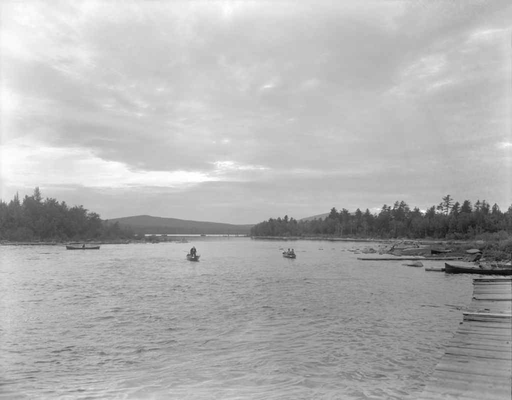 Miniature of Three Boats In The Pool, With Fishermen, Dock Right, Mountains Afar At Upper Dam
