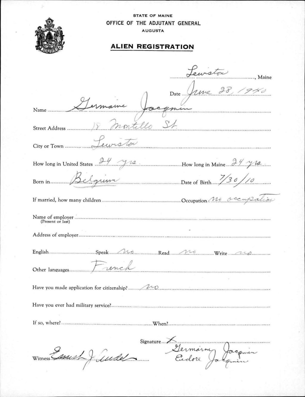 Miniature of Alien Registration- Jacquin, Germaine (Lewiston, Androscoggin County)