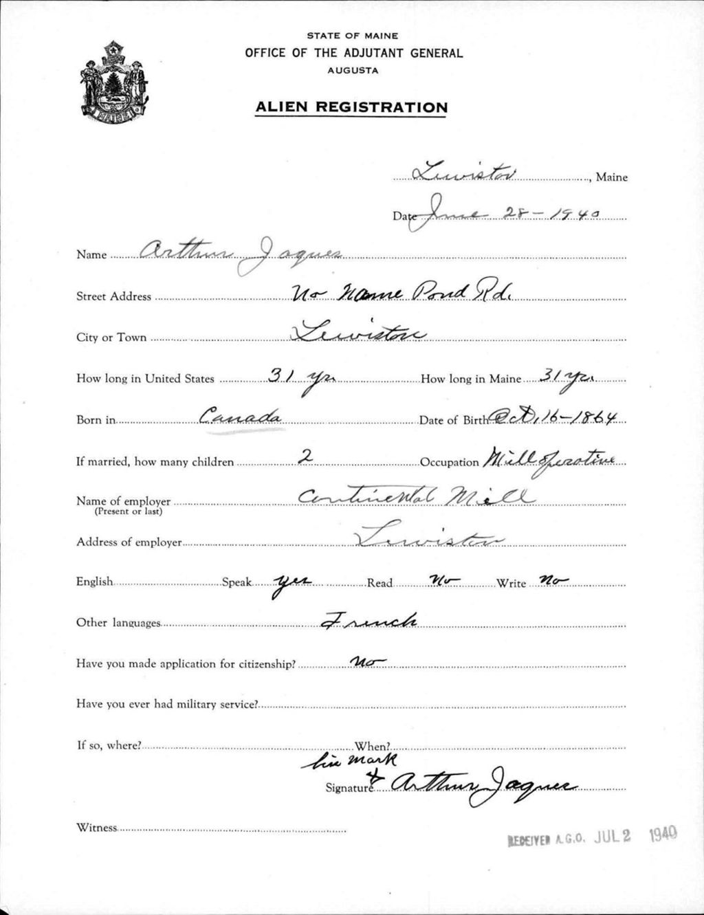 Miniature of Alien Registration- Jaques, Arthur (Lewiston, Androscoggin County)