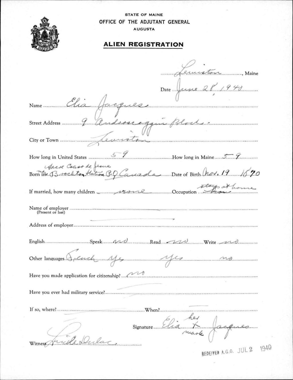 Miniature of Alien Registration- Jacques, Elia (Lewiston, Androscoggin County)