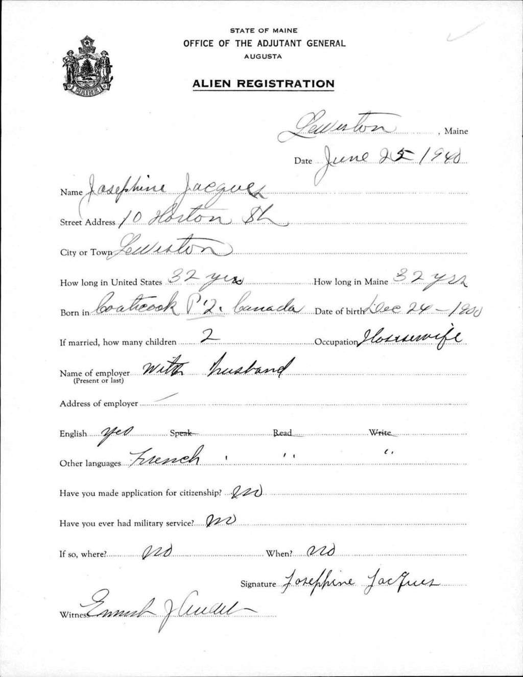 Miniature of Alien Registration- Jacques, Josephine (Lewiston, Androscoggin County)