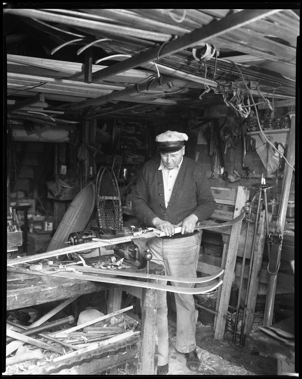 Miniature of Man Makes Skis In His Workshop In New Sweden, Very Cluttered Shop