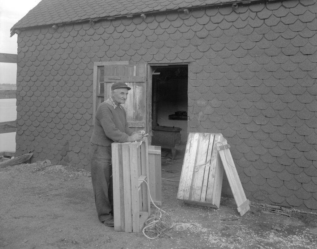 Miniature of Man Works On Lobster Car, Making Handle, Outside Shop
