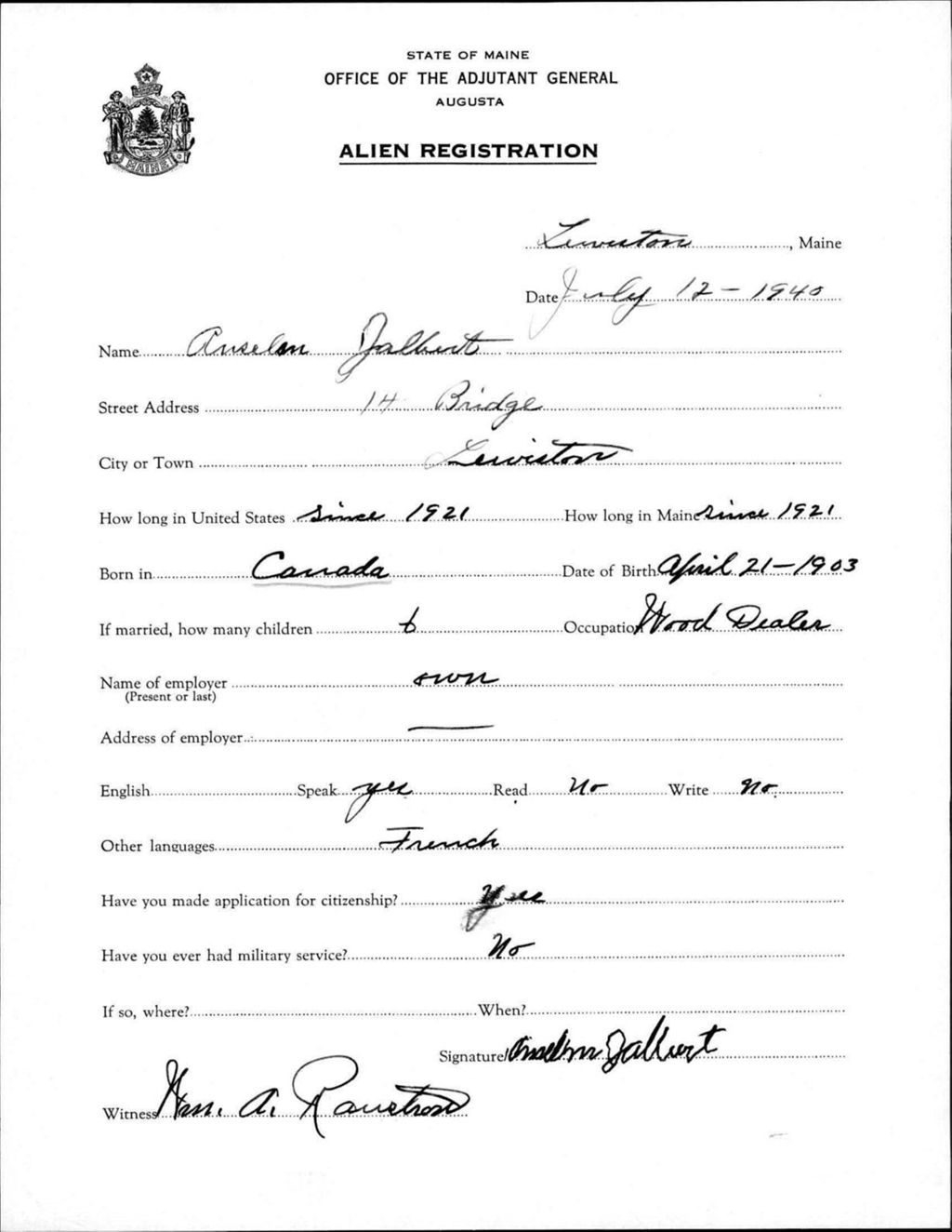 Miniature of Alien Registration- Jalbert, Anselin (Lewiston, Androscoggin County)