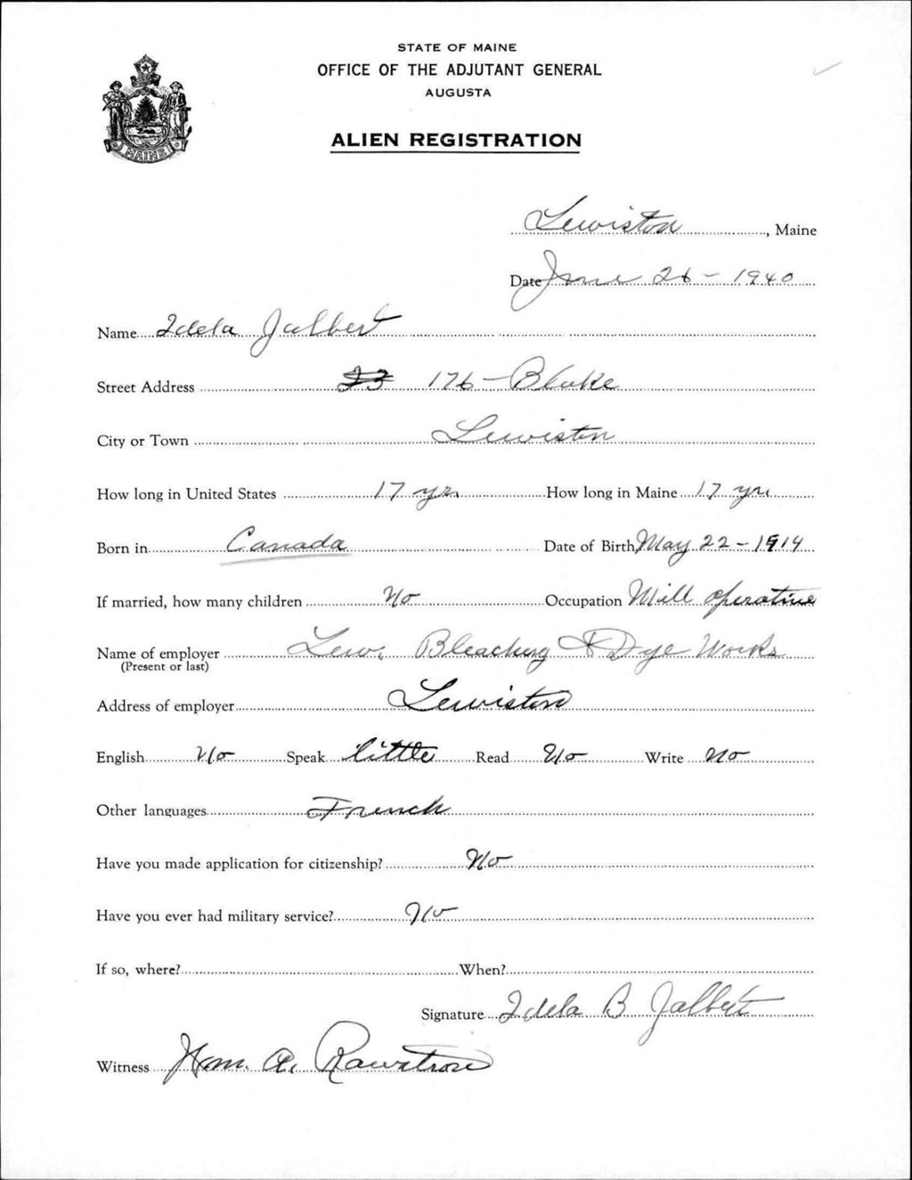 Miniature of Alien Registration- Jalbert, Idela B. (Lewiston, Androscoggin County)