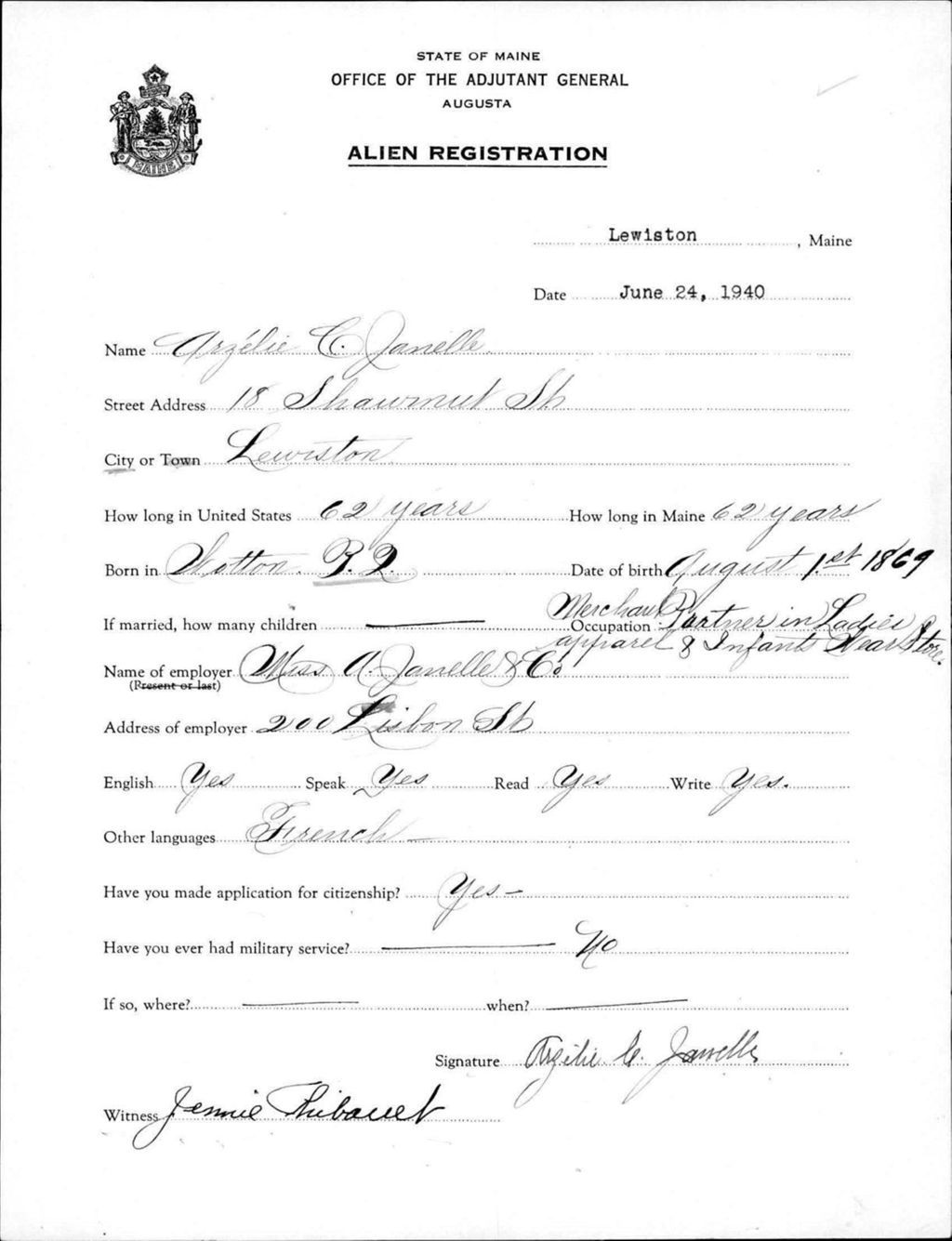 Miniature of Alien Registration- Janelle, Arzelie C. (Lewiston, Androscoggin County)
