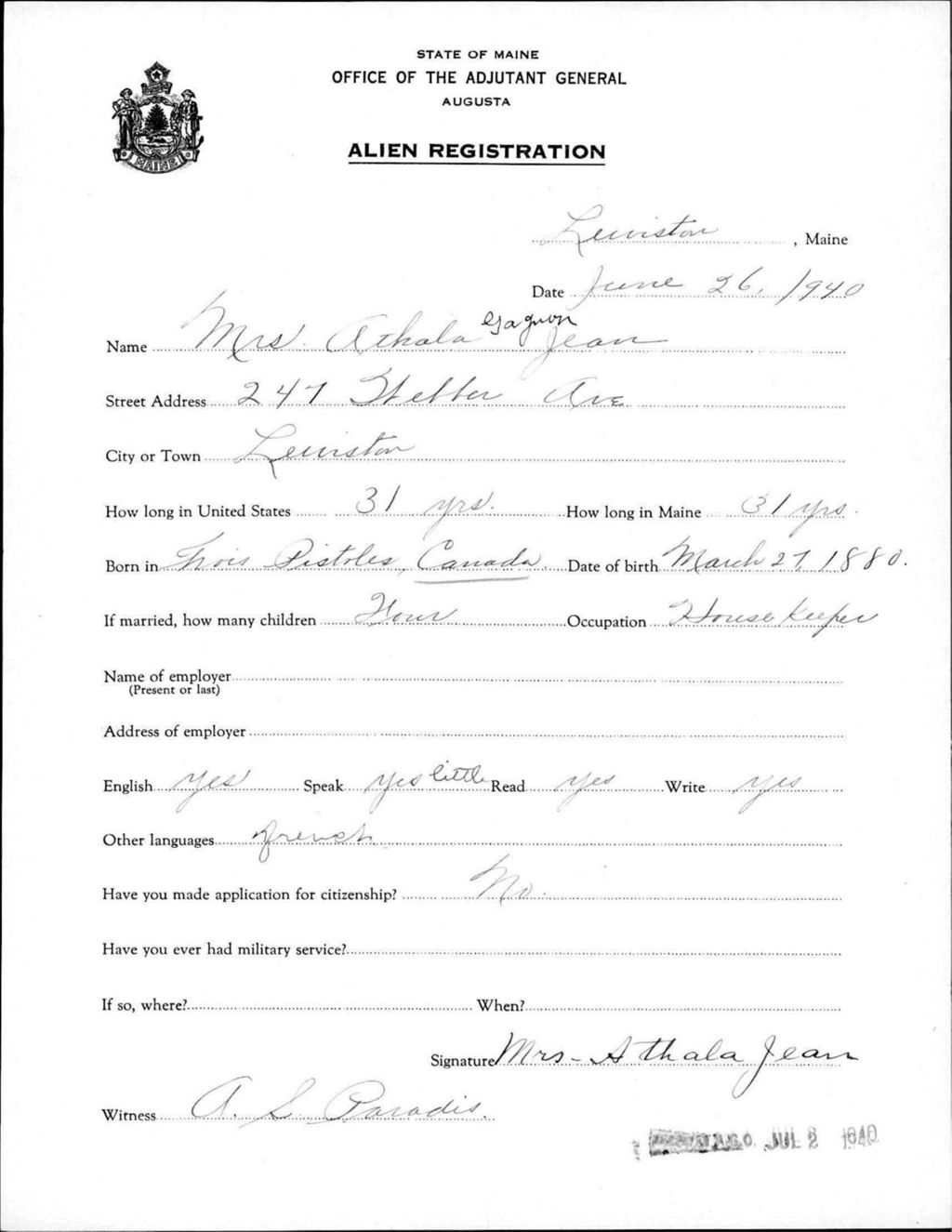Miniature of Alien Registration- Gagnon, Athala (Lewiston, Androscoggin County)