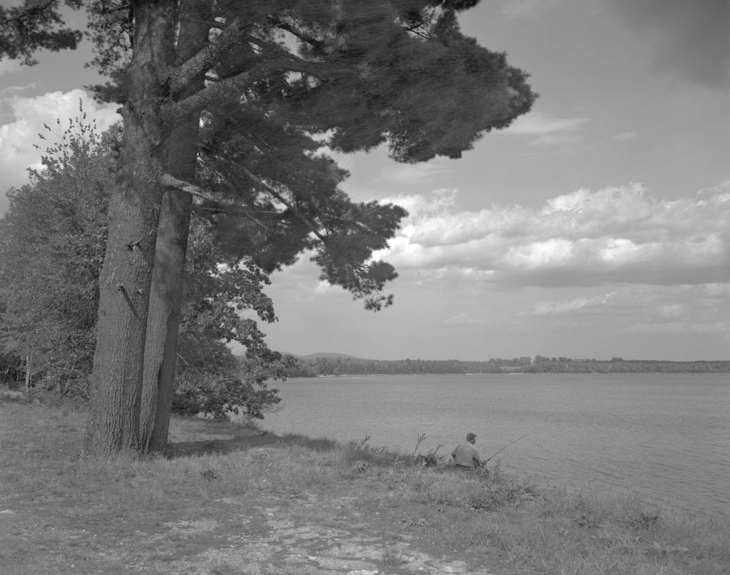 Miniature of George French Sits On Bank Of Shore Fishing, Large Pines On Left, Water Right In Waterford