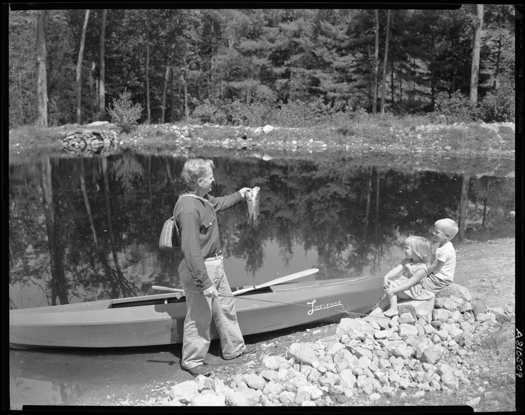 Miniature of Teg Shows His Fish To Two Tots Sitting On Shore, Boat On Shore In Hiram