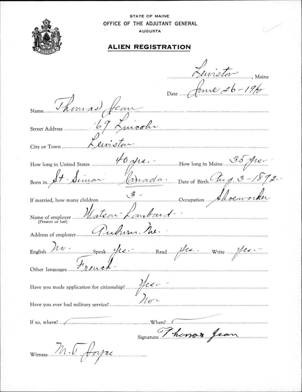 Miniature of Alien Registration- Jean, Thomas (Lewiston, Androscoggin County)