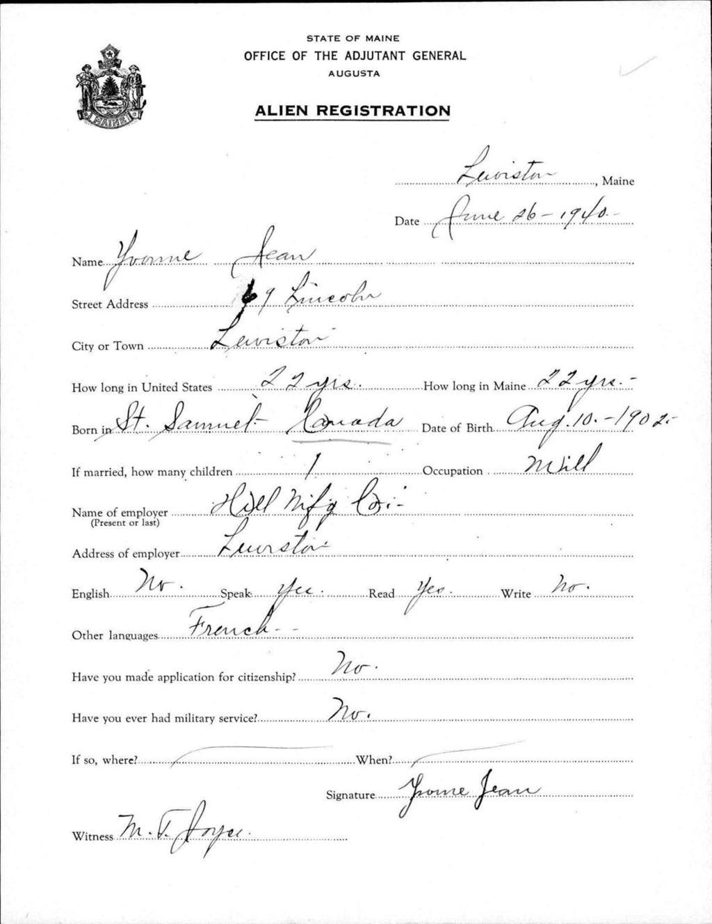 Miniature of Alien Registration- Jean, Yvonne (Lewiston, Androscoggin County)