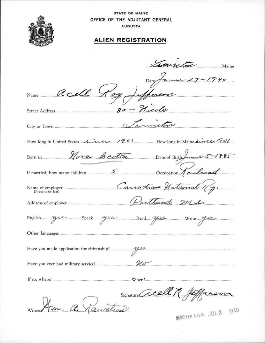 Miniature of Alien Registration- Jefferson, Acell R. (Lewiston, Androscoggin County)