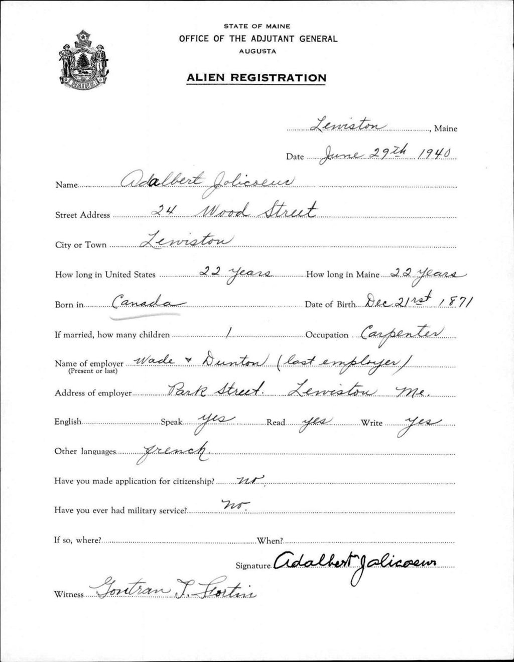 Miniature of Alien Registration- Jolicoeur, Adalbert (Lewiston, Androscoggin County)