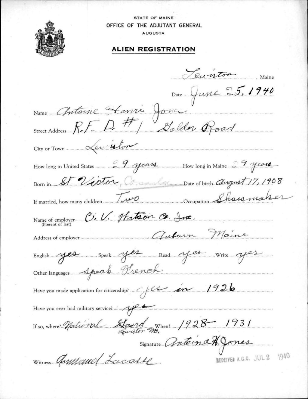 Miniature of Alien Registration- Jones, Antoine H. (Lewiston, Androscoggin County)