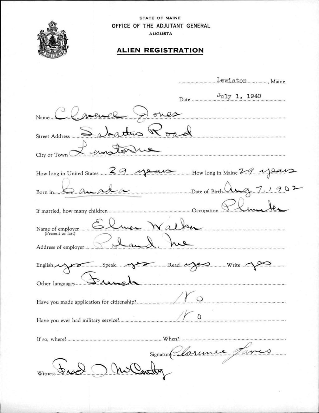 Miniature of Alien Registration- Jones, Clarence (Lewiston, Androscoggin County)