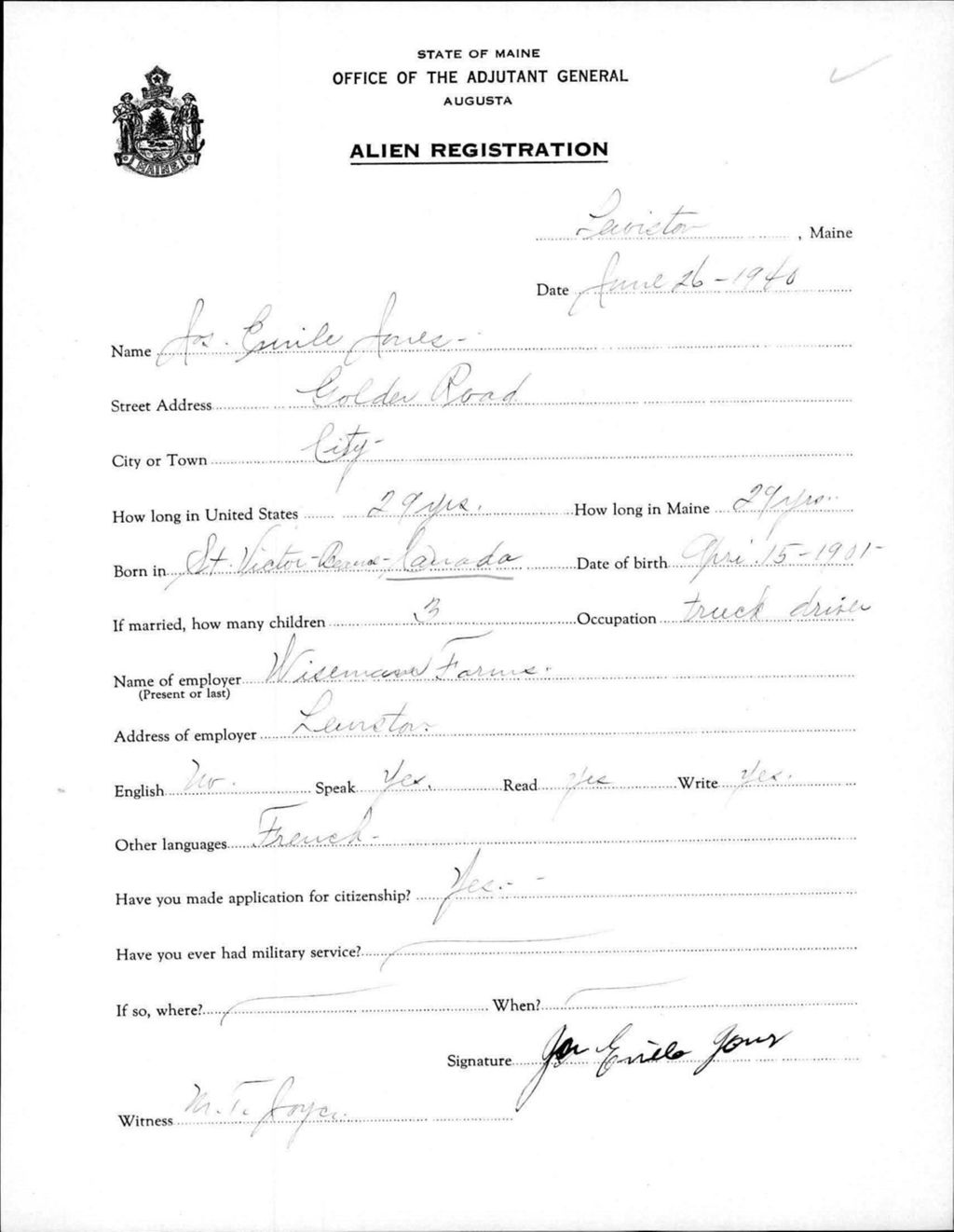 Miniature of Alien Registration- Jones, Joseph E. (Lewiston, Androscoggin County)