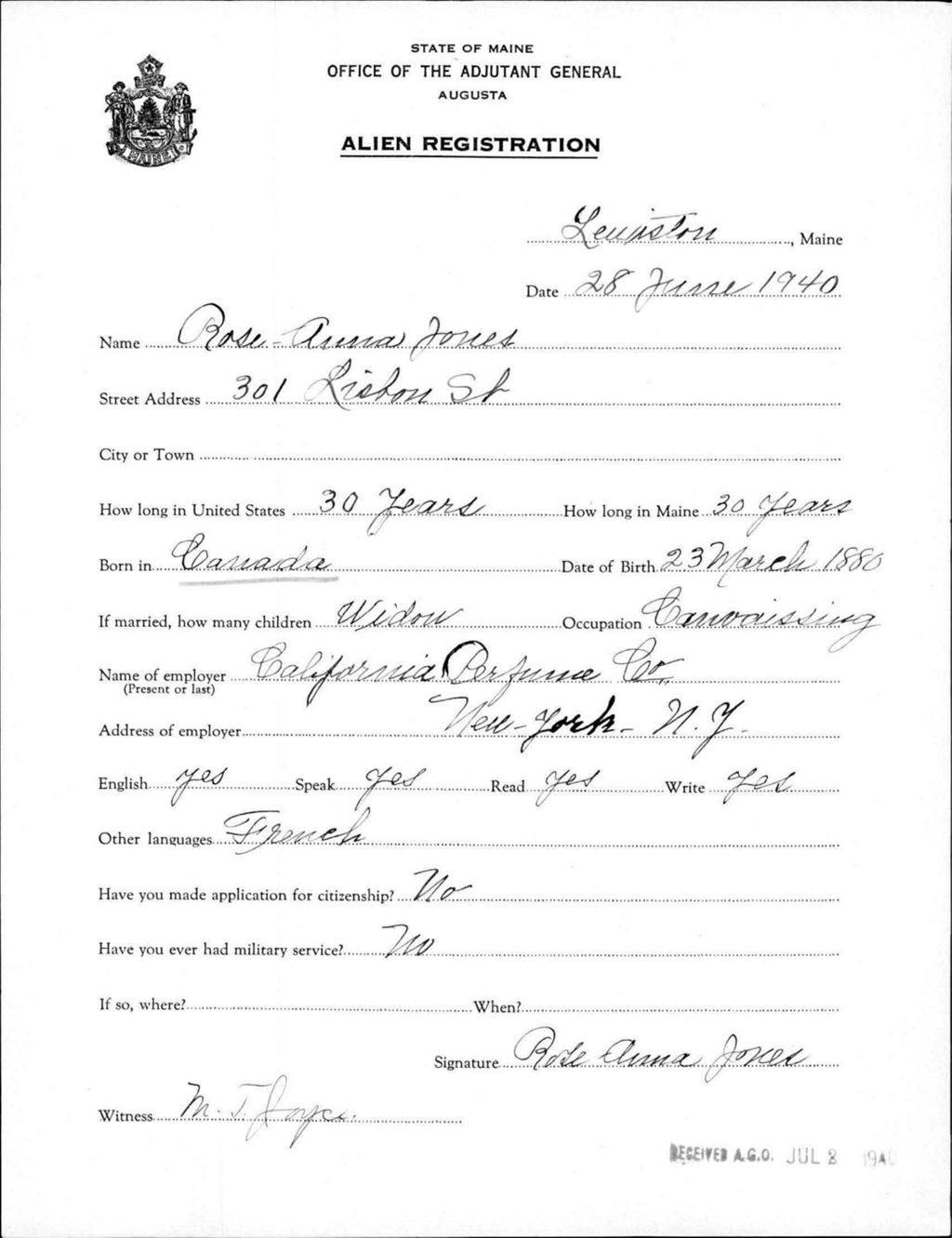 Miniature of Alien Registration- Jones, Rose-Anna (Lewiston, Androscoggin County)