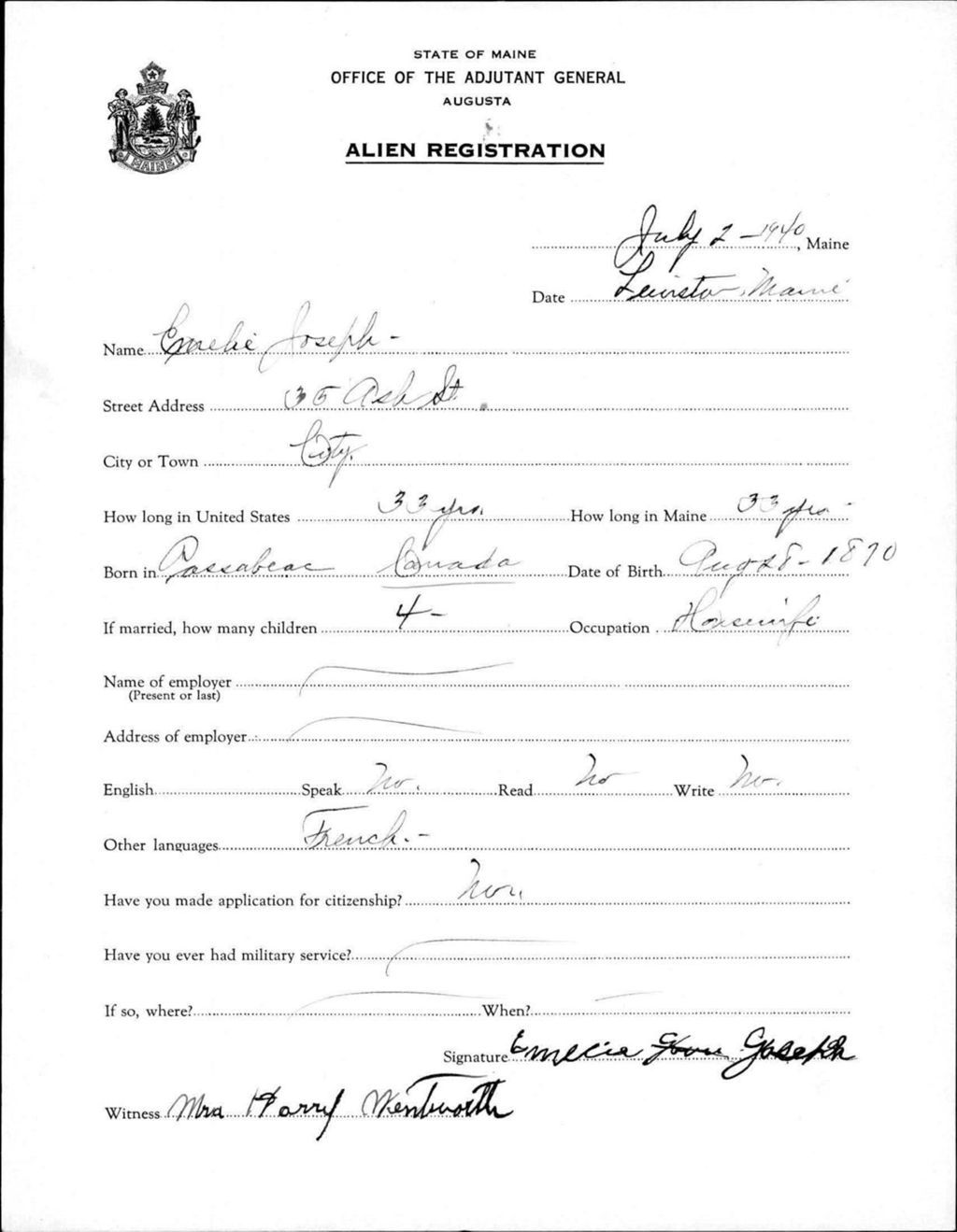 Miniature of Alien Registration- Joseph, Emelie (Lewiston, Androscoggin County)