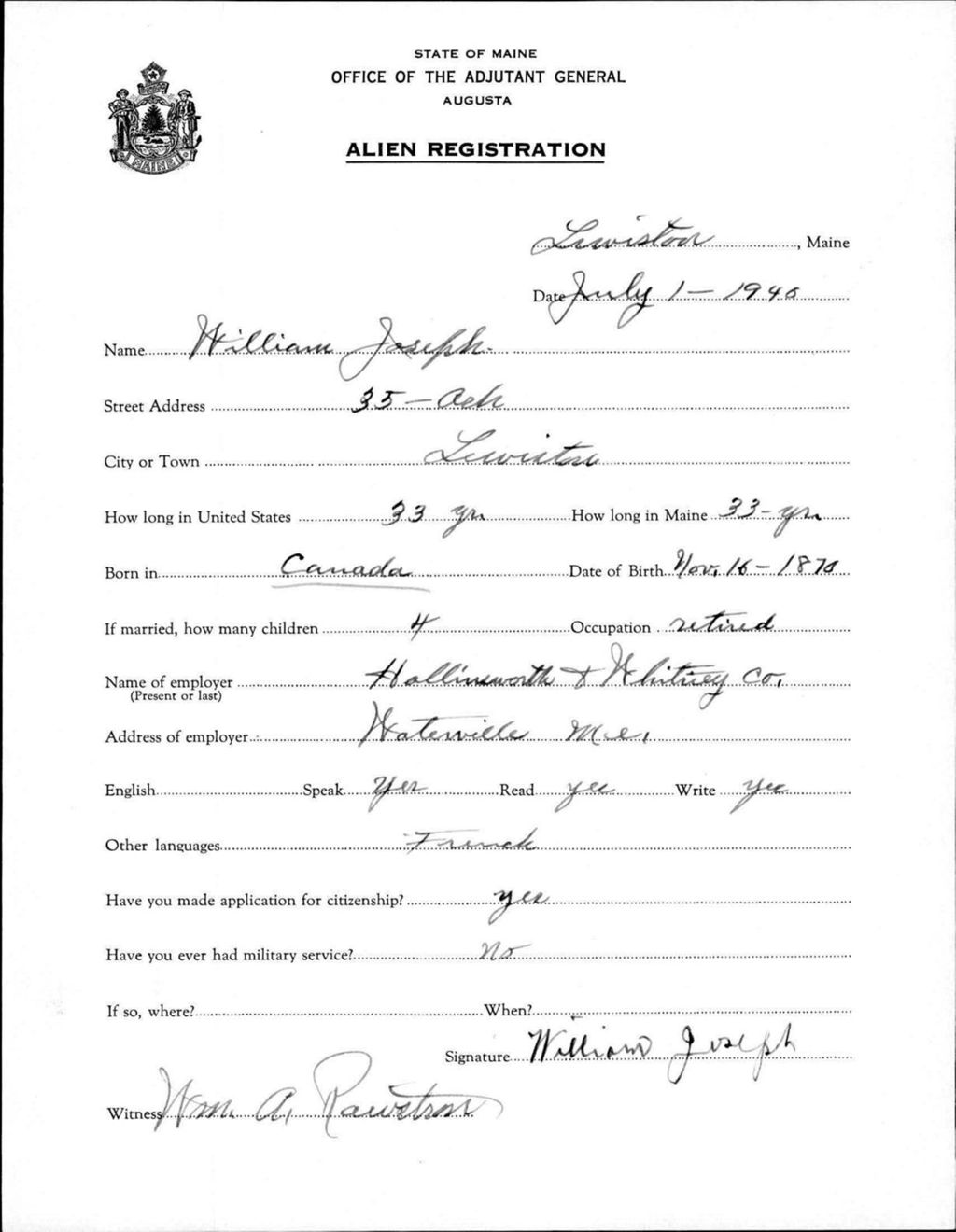Miniature of Alien Registration- Joseph, William (Lewiston, Androscoggin County)