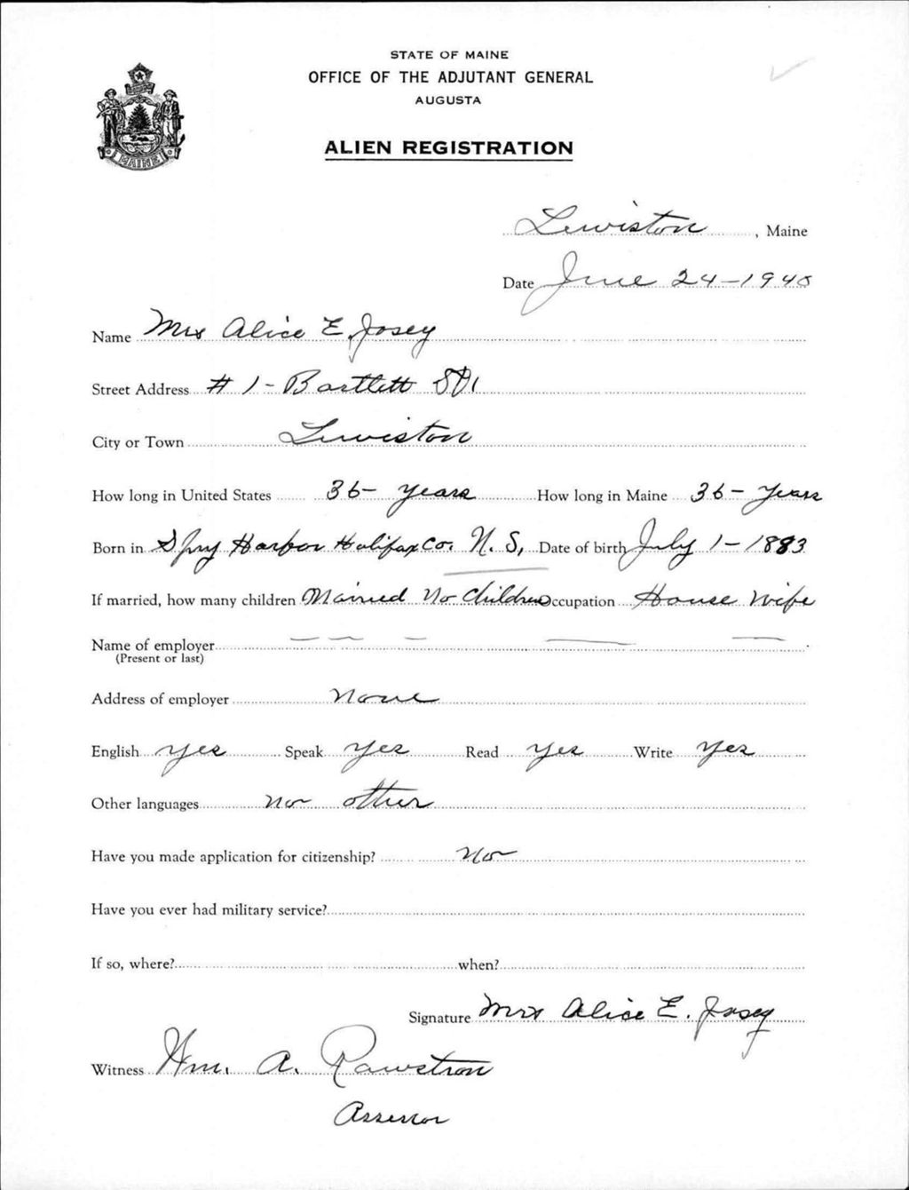 Miniature of Alien Registration- Josey, Alice E. (Lewiston, Androscoggin County)