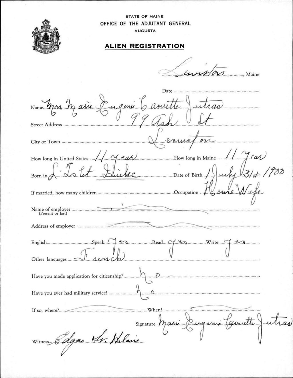 Miniature of Alien Registration- Caouette, Marie E. (Lewiston, Androscoggin County)