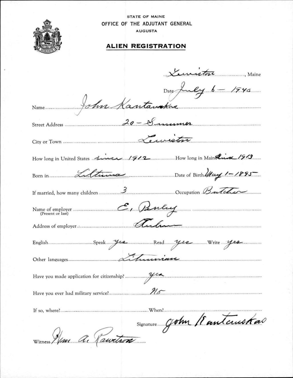 Miniature of Alien Registration- Kantouskas, John (Lewiston, Androscoggin County)