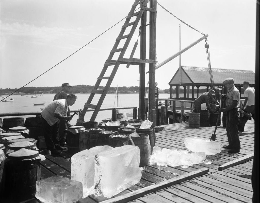Miniature of Many Men Packing Sardines In Barrels, Shows Large Chucks Of Ice Being Broken Up, All On Dock In Friendship