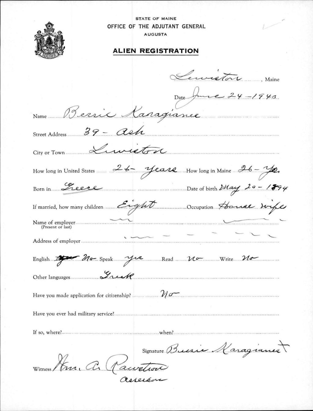 Miniature of Alien Registration- Karagianes, Bernie (Lewiston, Androscoggin County)
