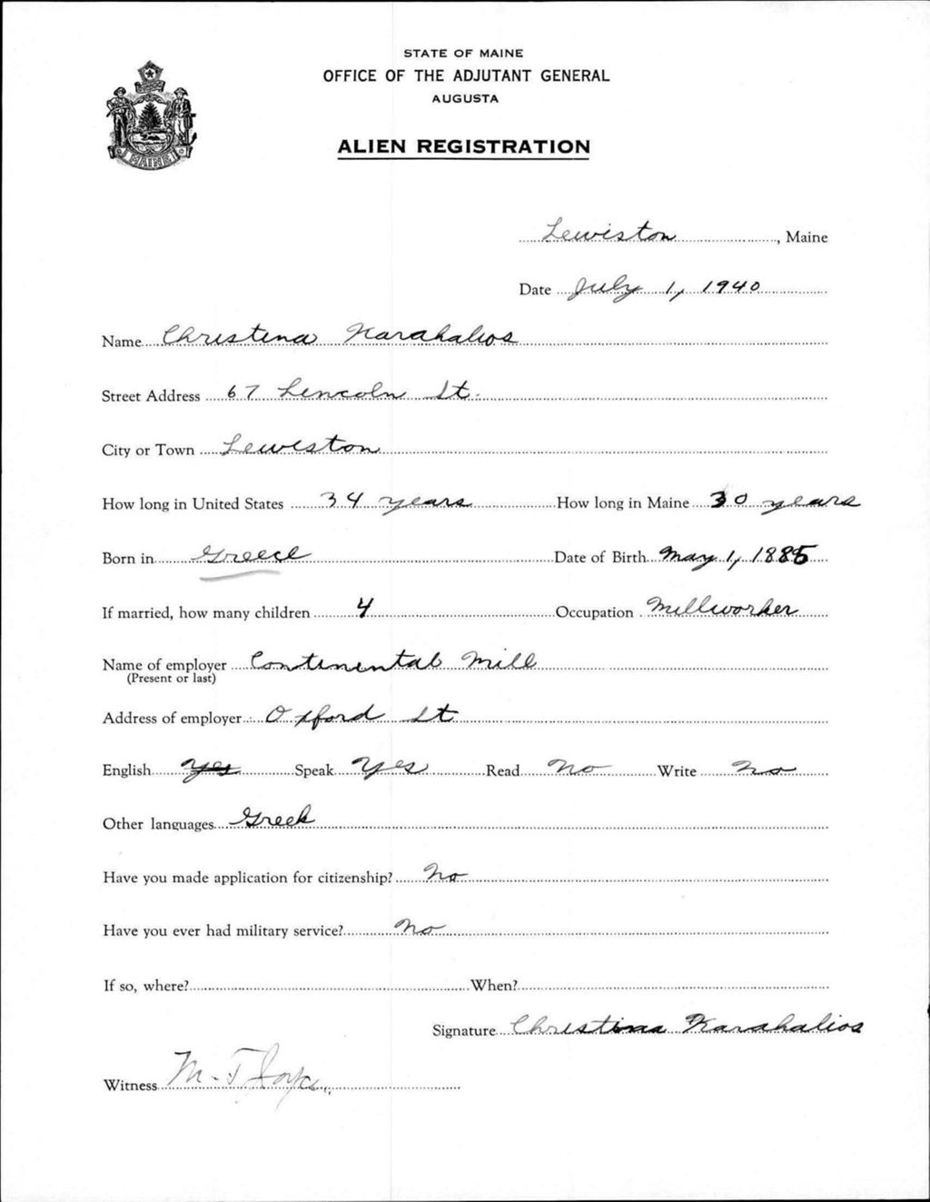 Miniature of Alien Registration- Karahalios, Christina (Lewiston, Androscoggin County)