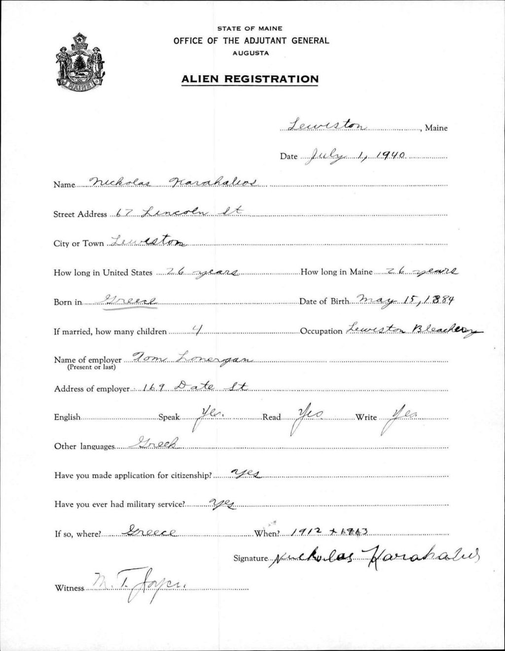 Miniature of Alien Registration- Karahalios, Nickolas (Lewiston, Androscoggin County)