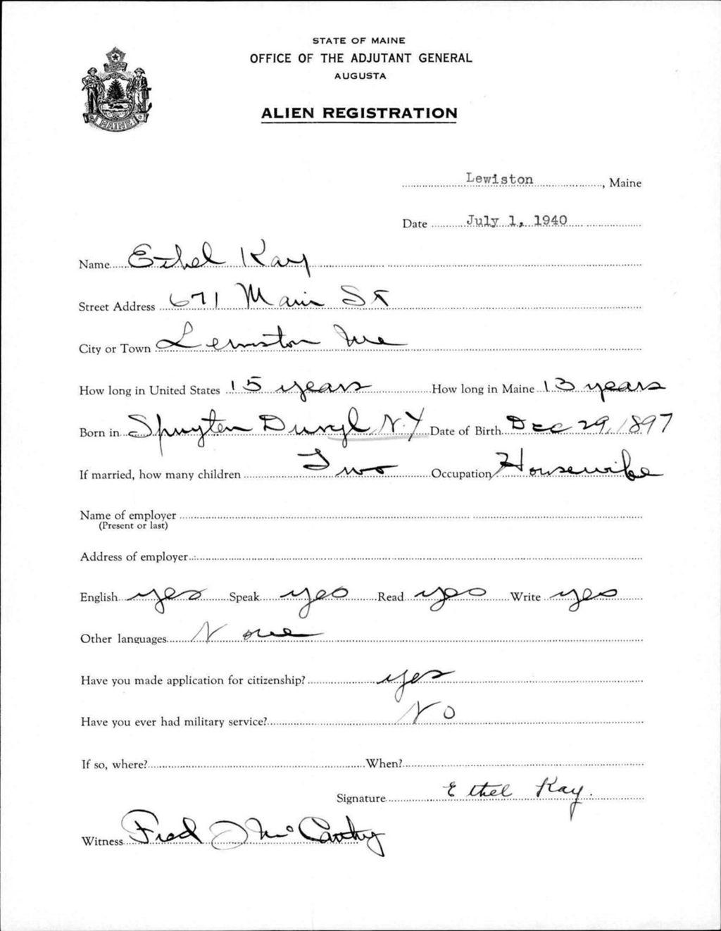 Miniature of Alien Registration- Kay, Ethel (Lewiston, Androscoggin County)