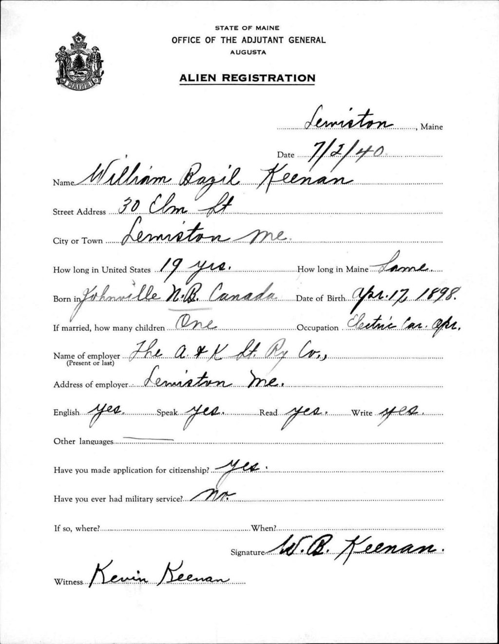 Miniature of Alien Registration- Keenan, William B. (Lewiston, Androscoggin County)
