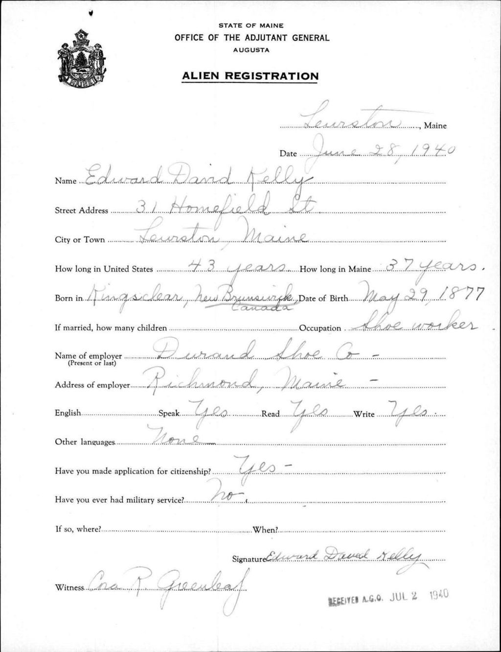 Miniature of Alien Registration- Kelly, Edward D. (Lewiston, Androscoggin County)