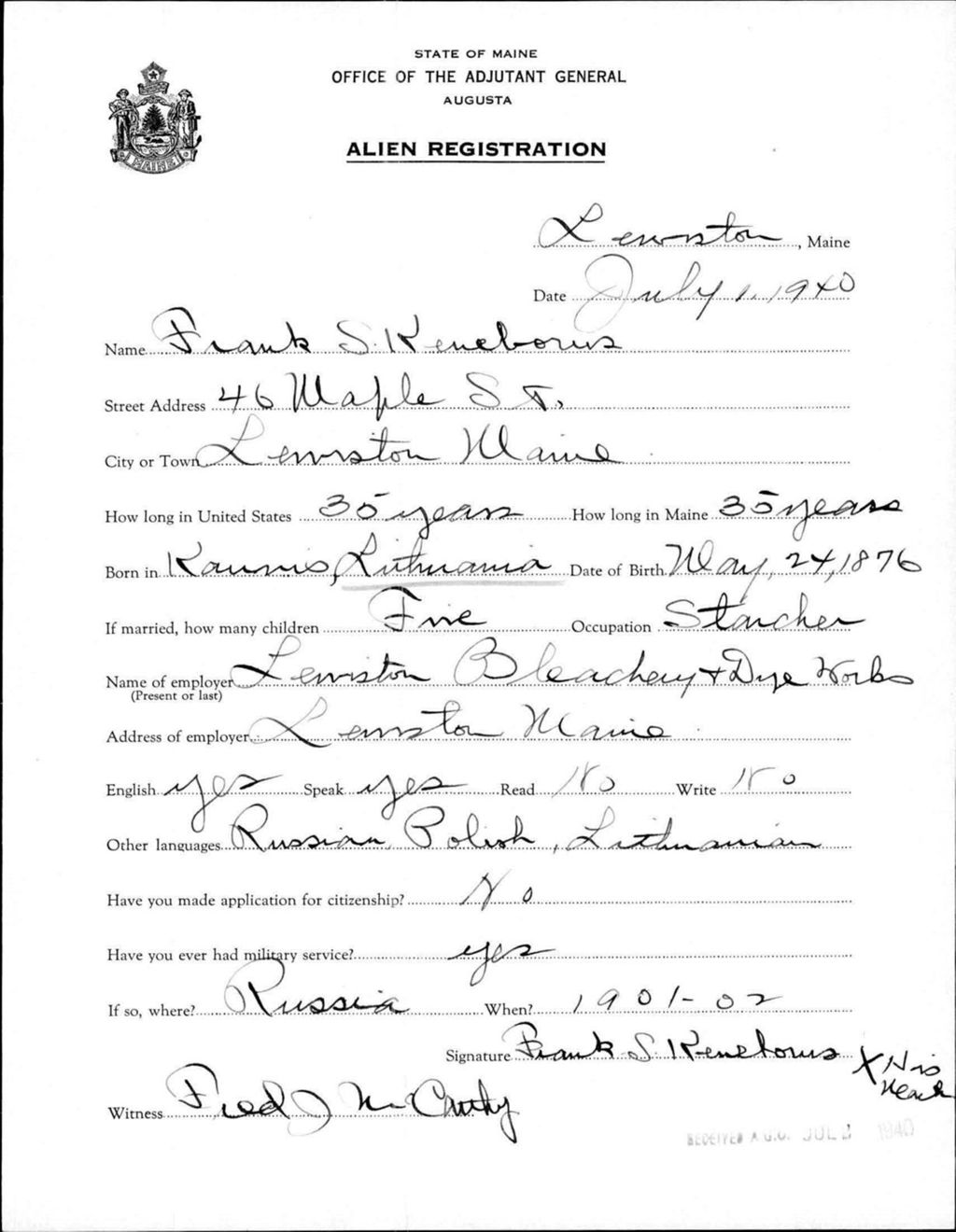 Miniature of Alien Registration- Kenslorus, Frank S. (Lewiston, Androscoggin County)