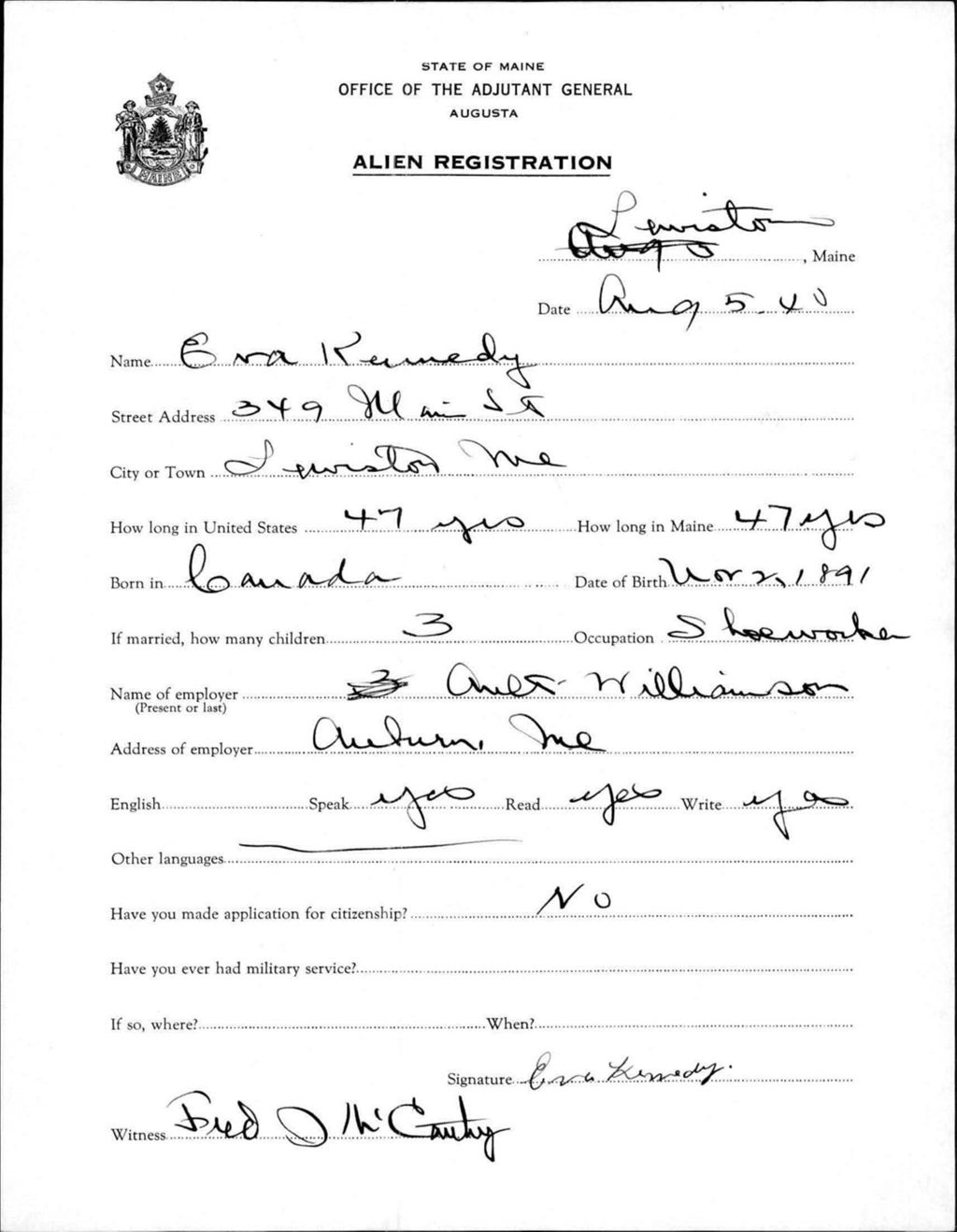 Miniature of Alien Registration- Kennedy, Eva (Lewiston, Androscoggin County)
