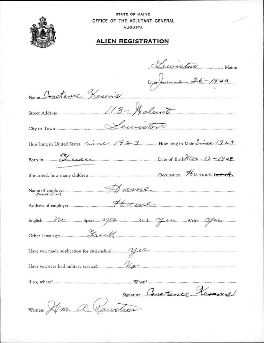 Miniature of Alien Registration- Kesaris, Constance (Lewiston, Androscoggin County)