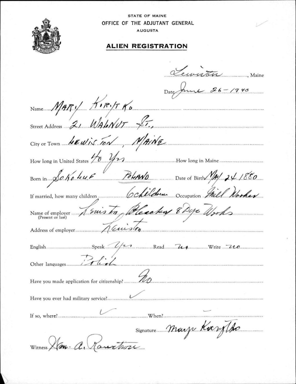 Miniature of Alien Registration- Kirytko, Mary (Lewiston, Androscoggin County)