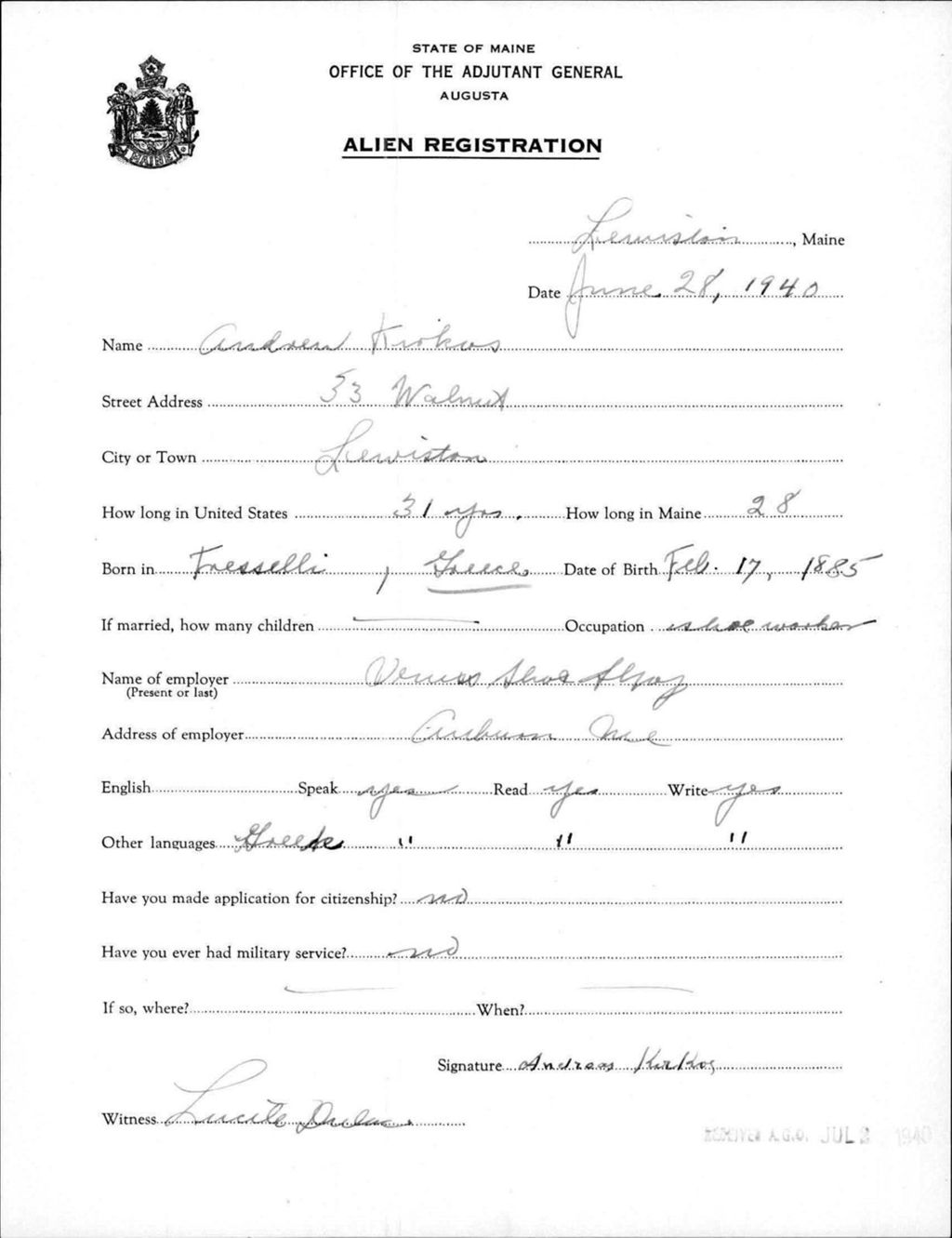Miniature of Alien Registration- Kirkos, Andrew (Lewiston, Androscoggin County)