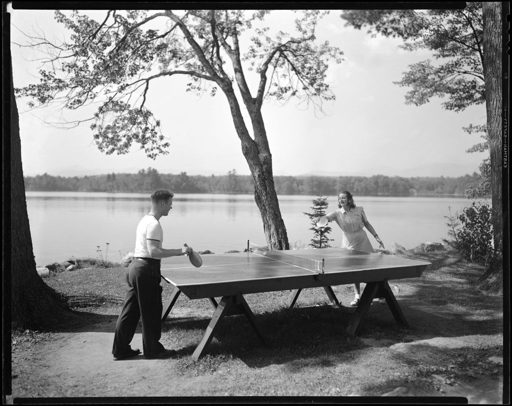Miniature of Two People Playing Table Tennis Outdoors, Lake Behind